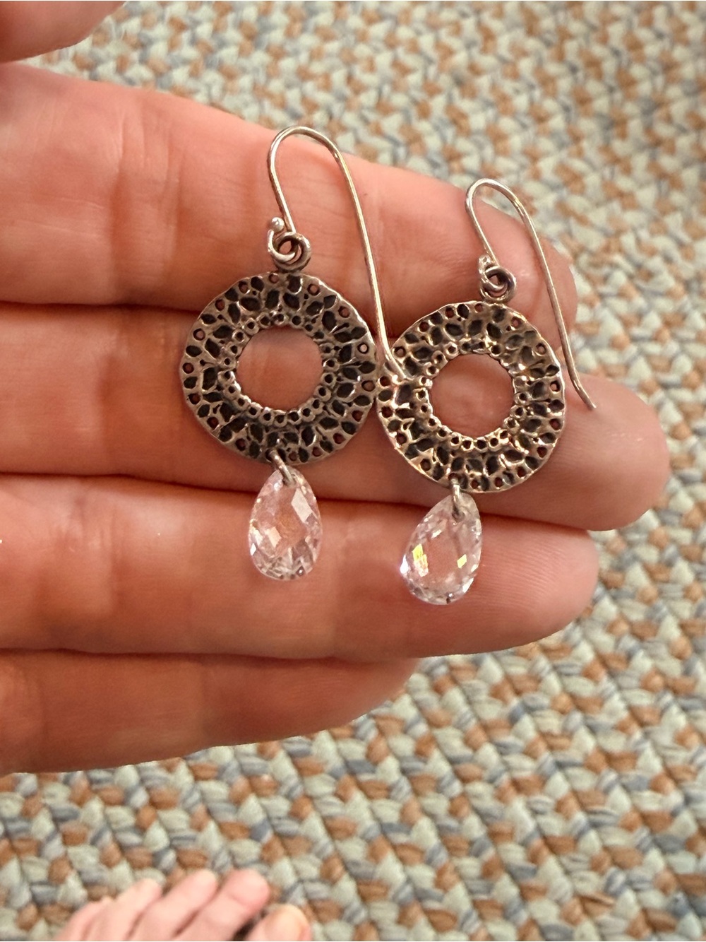 Silpada Silver Textured Hoop Earrings with Clear Teardrops - Picture 2 of 4